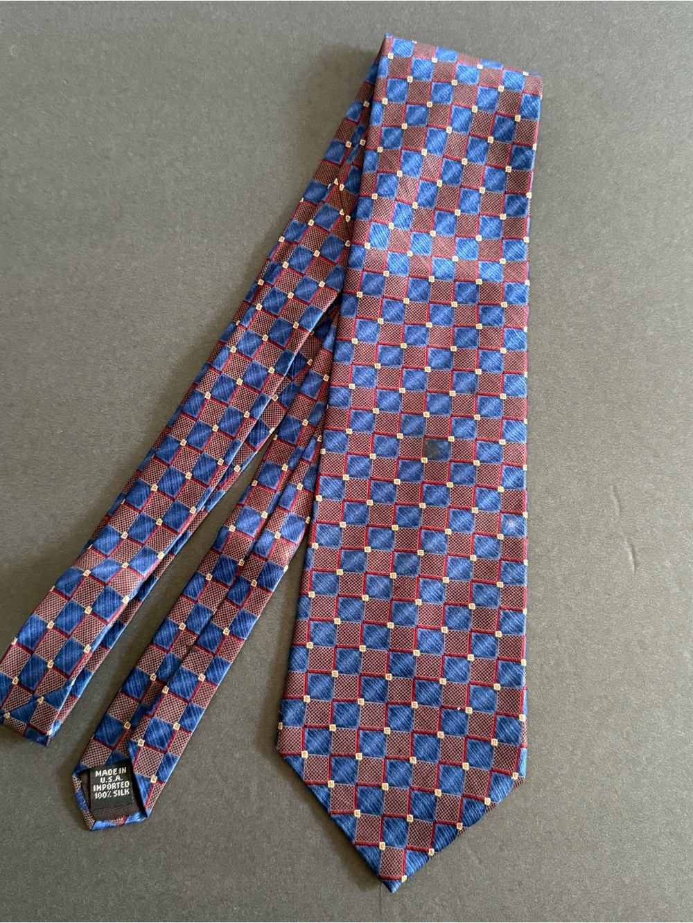 Silk Geometric Check Tie in Blue and Burgundy - Made in USA